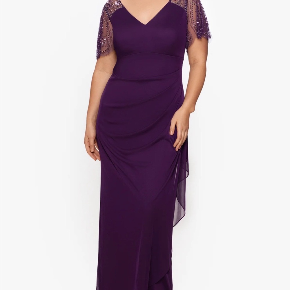 Xscape Deep Purple Maxi Dress with Embellished Sleeves